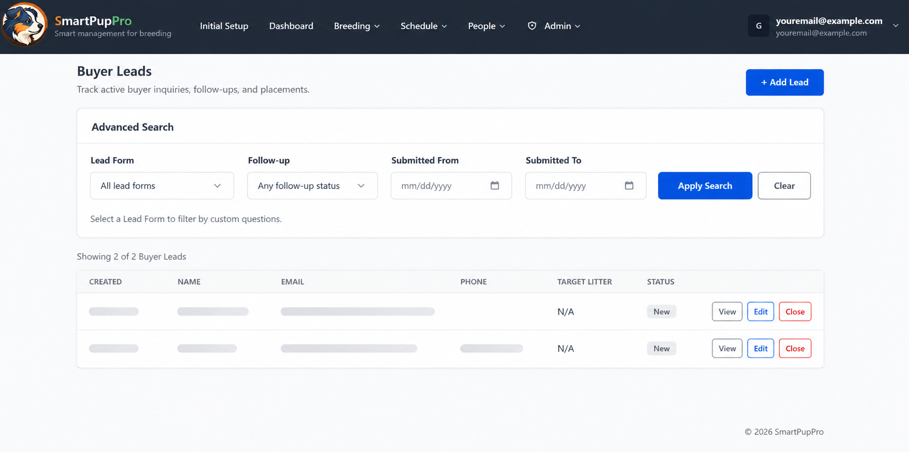 SmartPupPro buyer lead search and puppy waitlist management screen